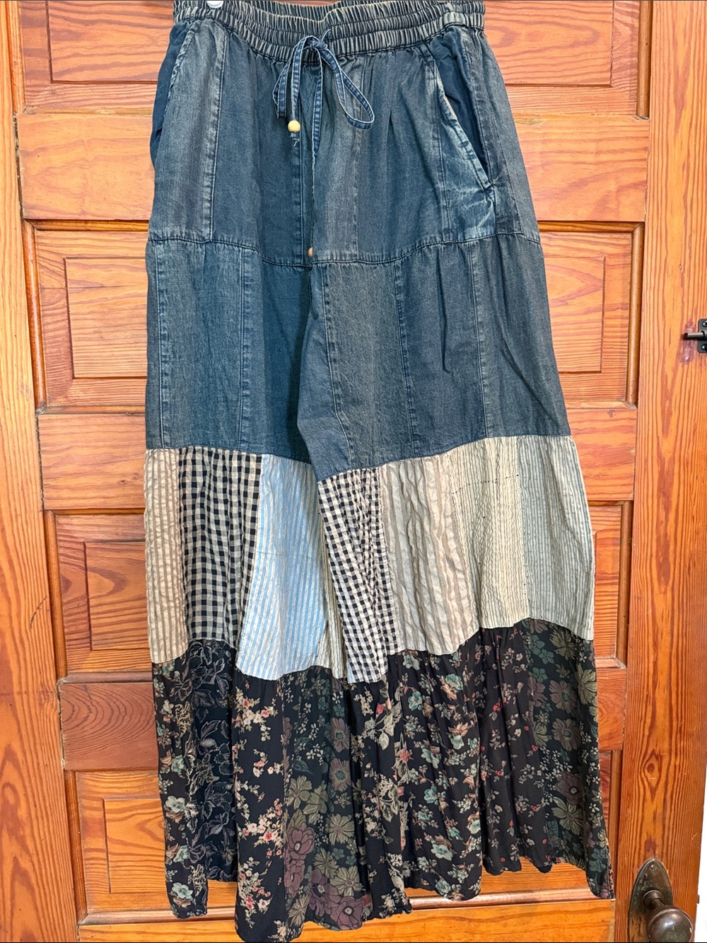 Patchwork Wide-Leg Pant in Denim Blue Multi